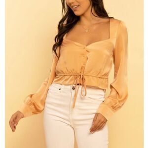 Le Lis Peach Orange Satin Sweetheart Cropped Long Sleeve Blouse Sz S